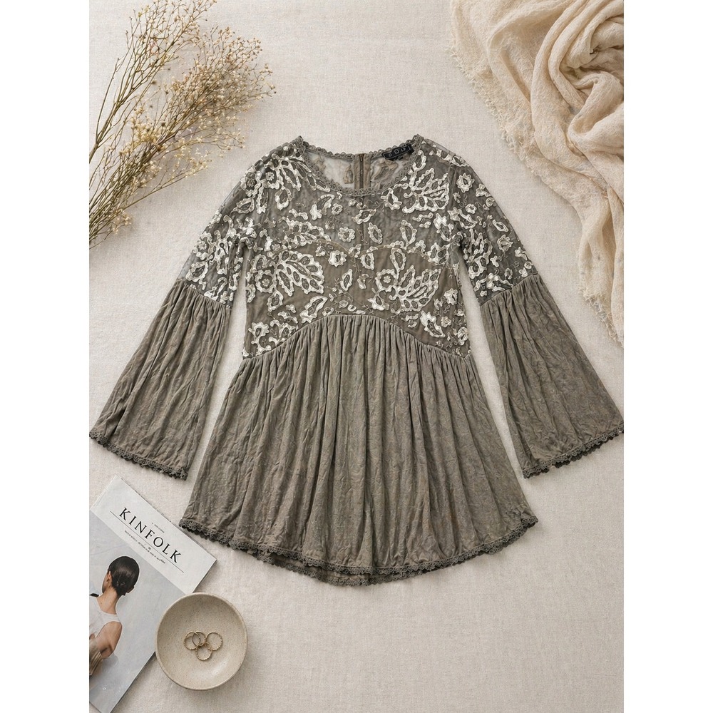 POL Womens Boho Embroidered Lace Bell Sleeve Babydoll Tunic‎ Top Grey size L